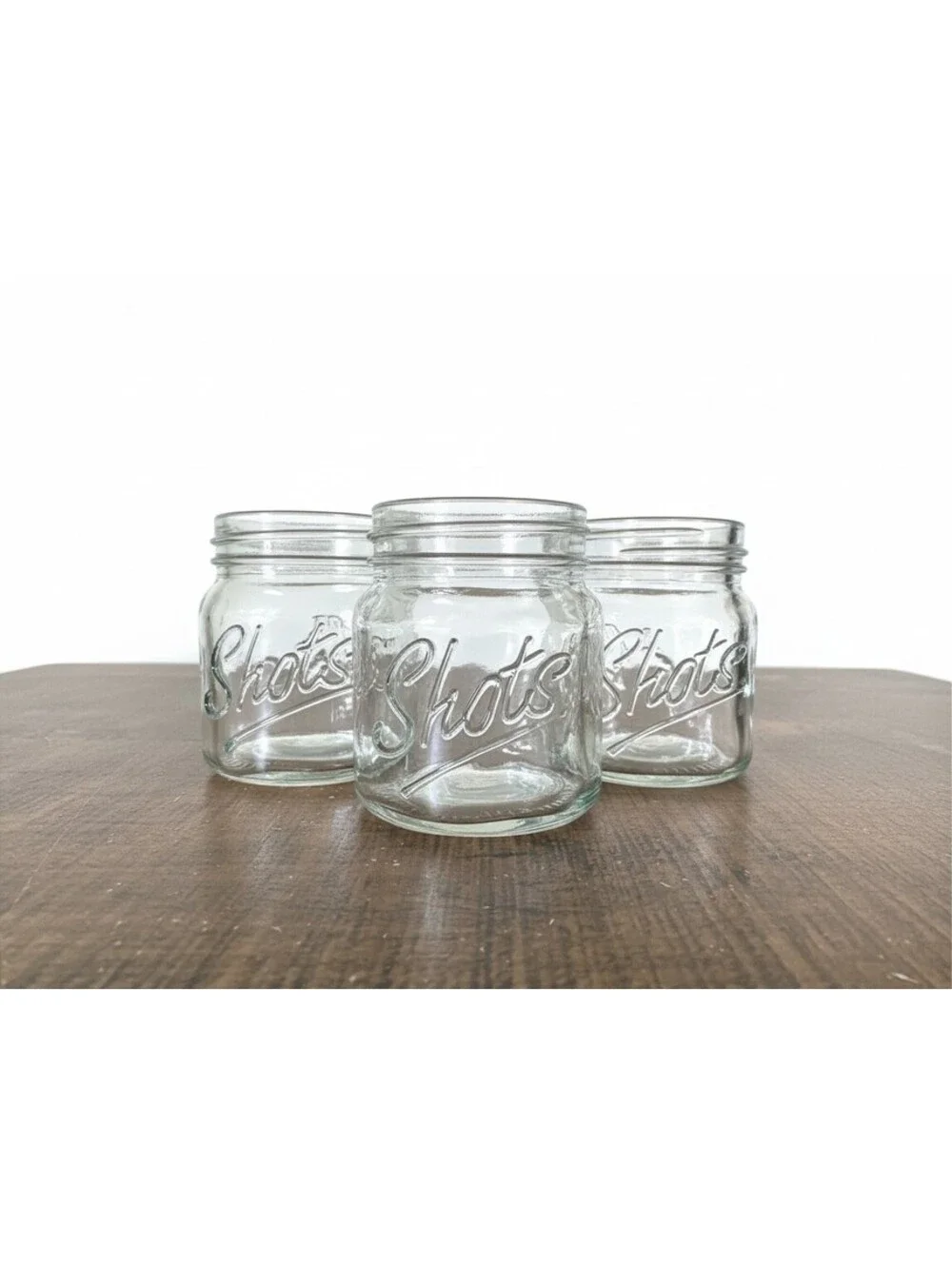 Set of 3 Clear Glass Mason Jar Shot Glasses Embossed 
